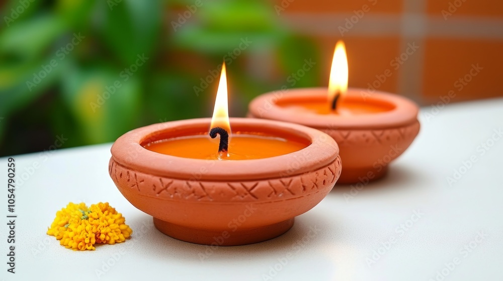 Two Burning Clay Candles with Yellow Flower on White Surface Two Burning Clay Candles with Yellow Flower on White Surface