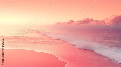 A serene sunset over the ocean, showcasing gentle waves and soft pink hues that blend seamlessly with the horizon, evoking a sense of calm and tranquility. photo