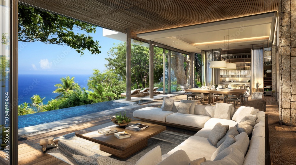 Luxurious Seaside Living Room Interior with Floor-to-Ceiling Windows Luxurious Seaside Living Room Interior with Floor-to-Ceiling Windows