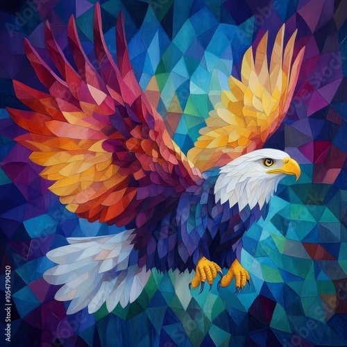 A vibrant, geometric depiction of an eagle in flight with colorful feathers.