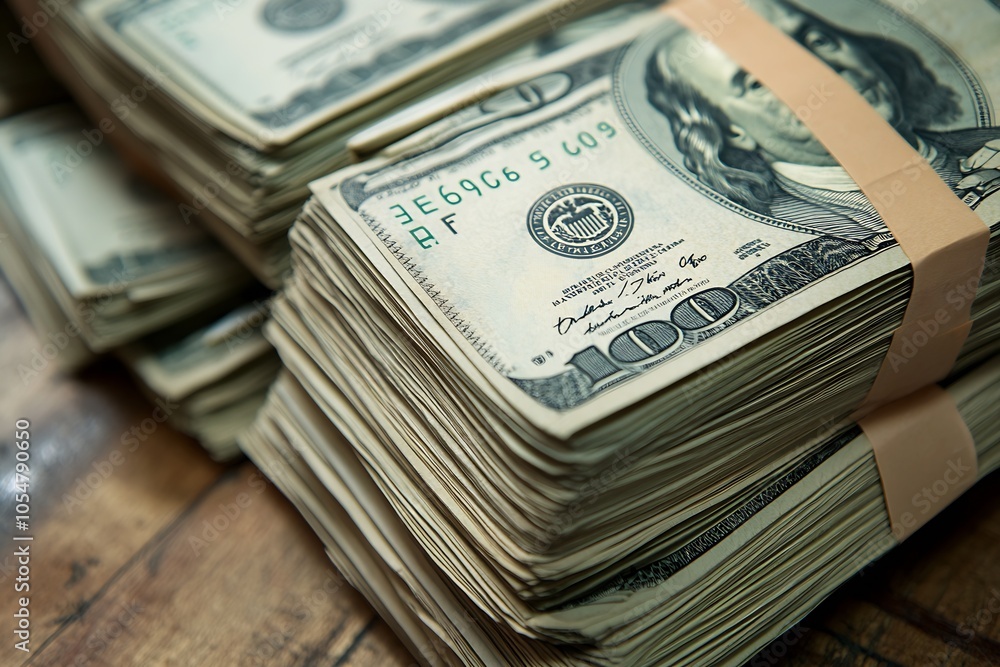 Stacks of Hundred Dollar Bills Illuminated on Wooden Surface Symbolizing Wealth and Economic Prosperity : Generative AI Stacks of Hundred Dollar Bills Illuminated on Wooden Surface Symbolizing Wealth and Economic Prosperity : Generative AI
