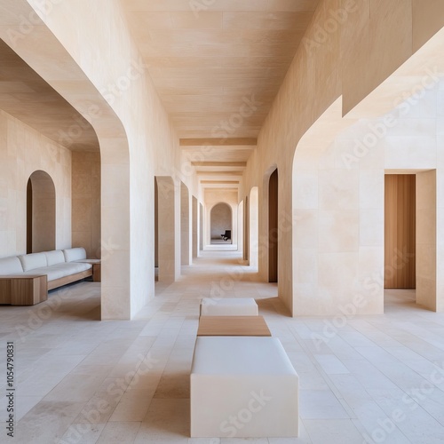 A serene architectural corridor featuring soft colors and minimalist design.