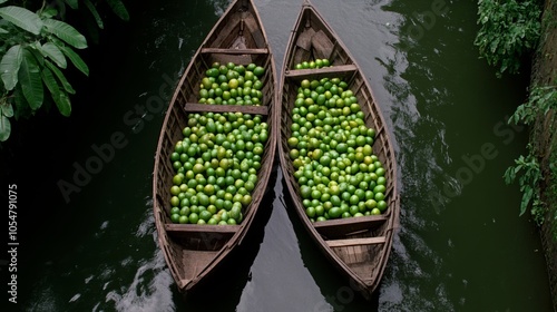 Two Wooden Boats Filled with Green Fruit on a Narrow Canal photo