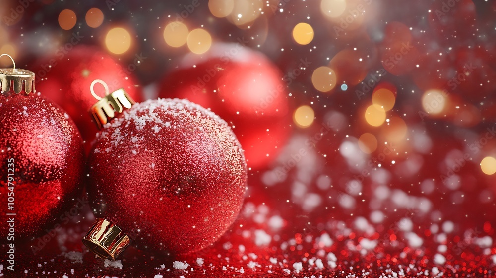 Red Christmas Baubles Covered in Snowflakes and Glitter with Bright Bokeh Background : Generative AI Red Christmas Baubles Covered in Snowflakes and Glitter with Bright Bokeh Background : Generative AI