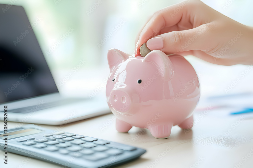 Hand Placing Coin in Pink Piggy Bank, Concept of Savings, Budgeting, and Financial Planning Hand Placing Coin in Pink Piggy Bank, Concept of Savings, Budgeting, and Financial Planning
