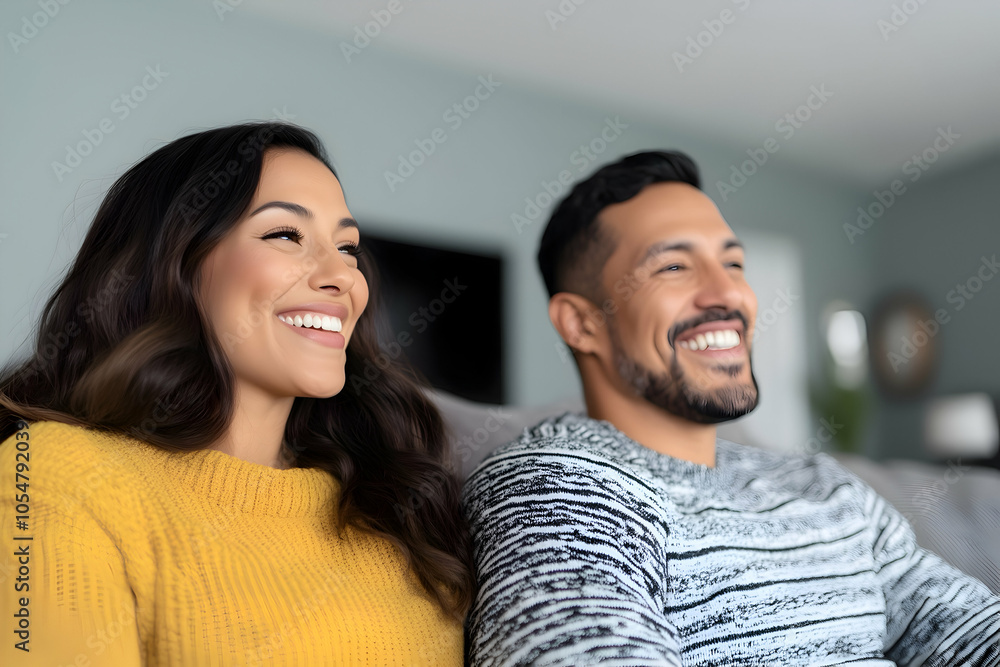 Happy couple relaxing together on the sofa, smiling and enjoying quality time indoors in a cozy home environment Happy couple relaxing together on the sofa, smiling and enjoying quality time indoors in a cozy home environment