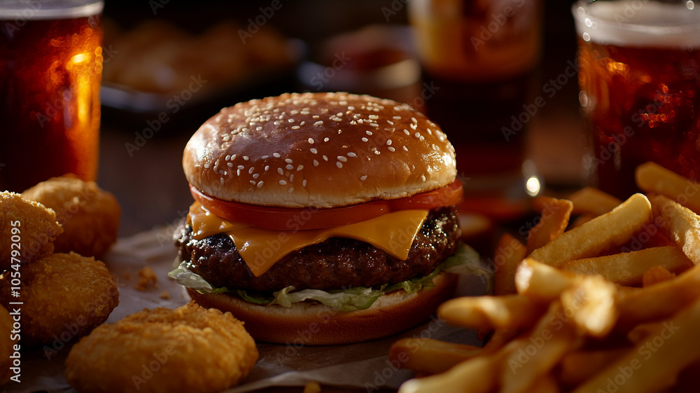 Delicious cheeseburger with fries, onion rings, and craft beer served in a cozy restaurant setting Delicious cheeseburger with fries, onion rings, and craft beer served in a cozy restaurant setting