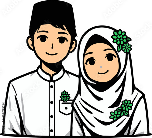 illustration of a young Muslim couple wearing white clothes 