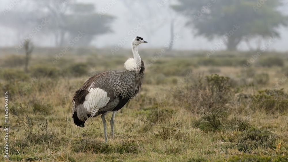 A grey and white rhea bird standing in a grassy field A grey and white rhea bird standing in a grassy field
