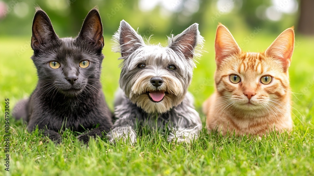 Three Adorable Cats Relaxing on Green Grass in Outdoor Setting : Generative AI Three Adorable Cats Relaxing on Green Grass in Outdoor Setting : Generative AI