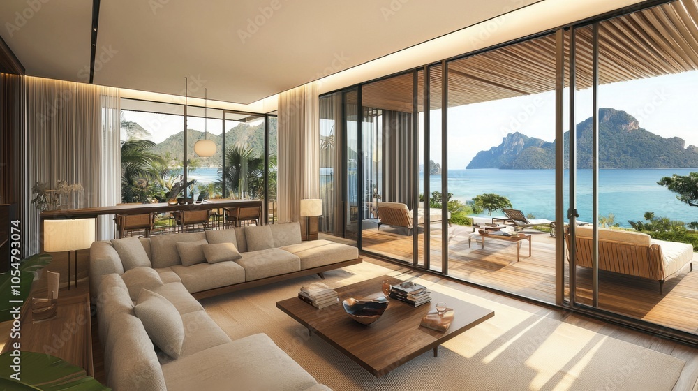 Luxurious Seaside Living Room Interior with Floor-to-Ceiling Windows Luxurious Seaside Living Room Interior with Floor-to-Ceiling Windows