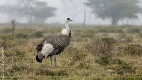 A grey and white rhea bird standing in a grassy field