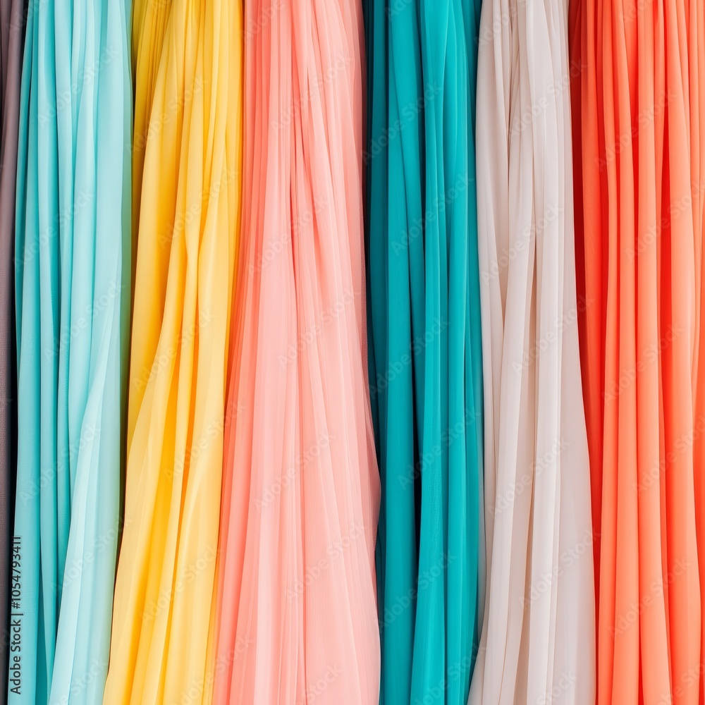 A vibrant display of colorful fabric drapes arranged in vertical folds. A vibrant display of colorful fabric drapes arranged in vertical folds.