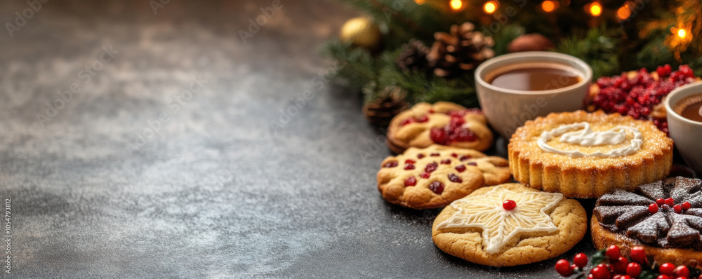 Fototapeta premium A table with a variety of cookies and a cup of coffee. The cookies are decorated with frosting and sprinkles, and the cup of coffee is placed in the middle of the table. The scene conveys a cozy
