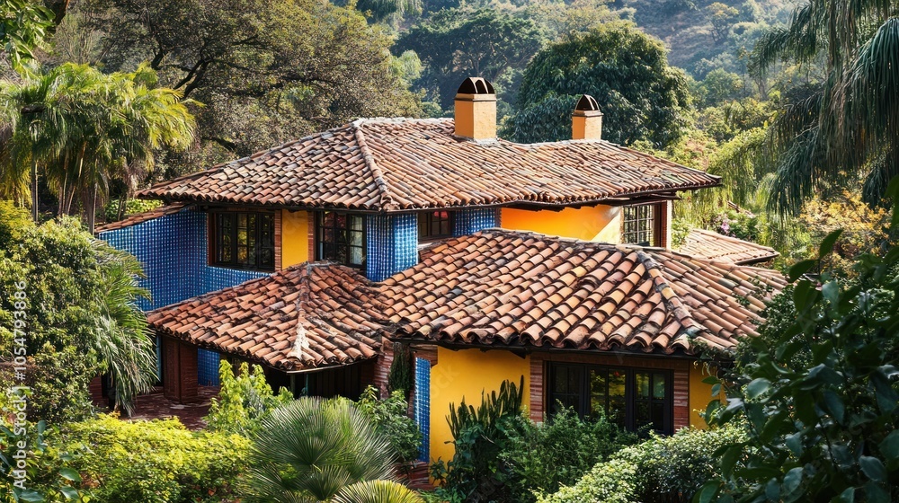 A vibrant, rustic house surrounded by lush greenery and colorful plants. A vibrant, rustic house surrounded by lush greenery and colorful plants.