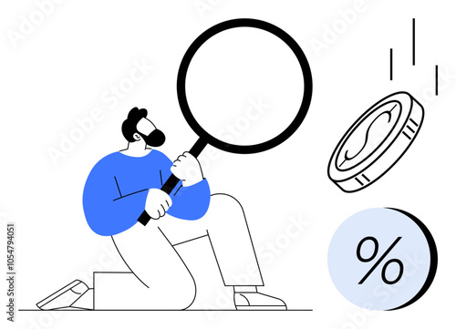Business professional analyzing large coin and percentage symbol with magnifying glass. Ideal for finance, investment, budgeting, savings, economic analysis, business strategy, and financial insight