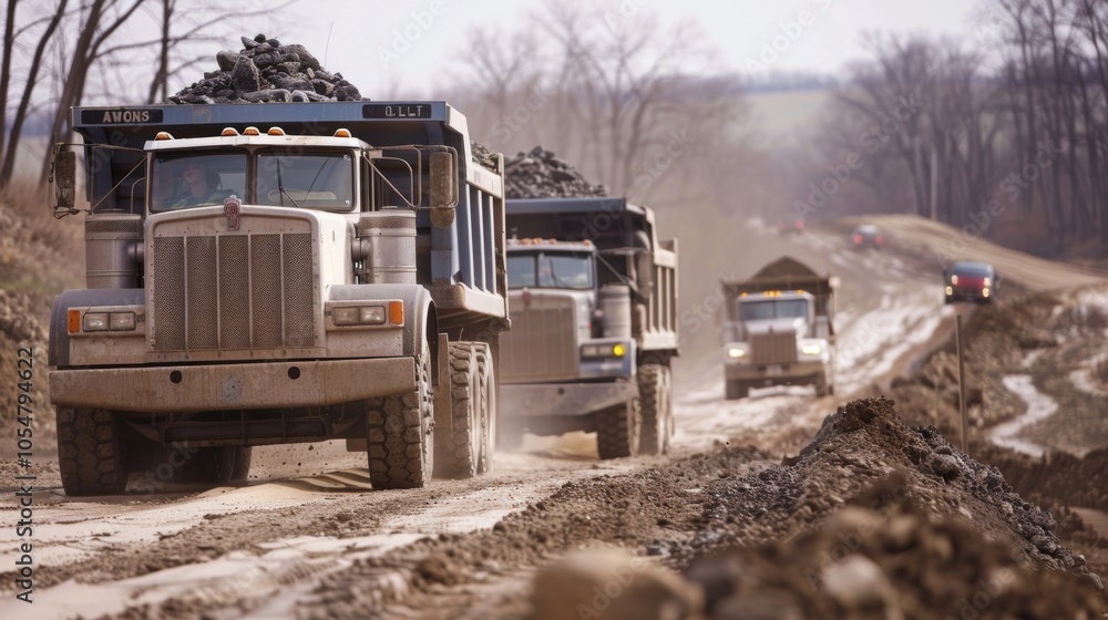 Dump trucks line up along the dirt road carrying loads of gravel and debris. Dump trucks line up along the dirt road carrying loads of gravel and debris.