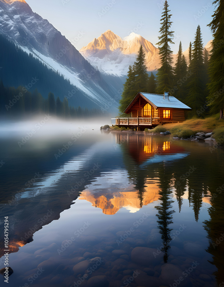 Obraz premium Cabin by the Mountain Lake