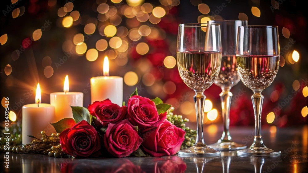 Elegant celebration with crystal wine glasses and roses by candlelight during intimate gathering, elegance Elegant celebration with crystal wine glasses and roses by candlelight during intimate gathering, elegance