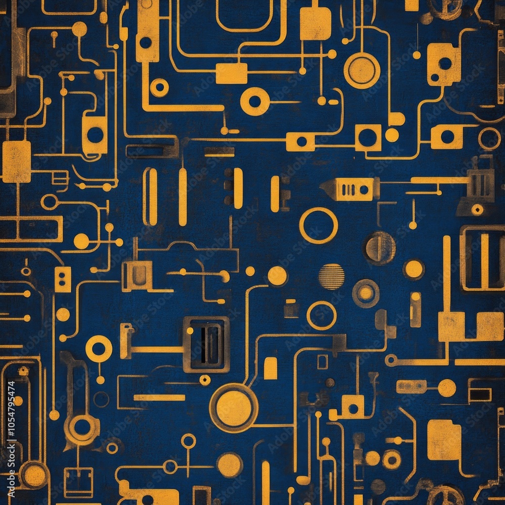 Abstract design featuring intricate lines and shapes in gold on a blue background. Abstract design featuring intricate lines and shapes in gold on a blue background.