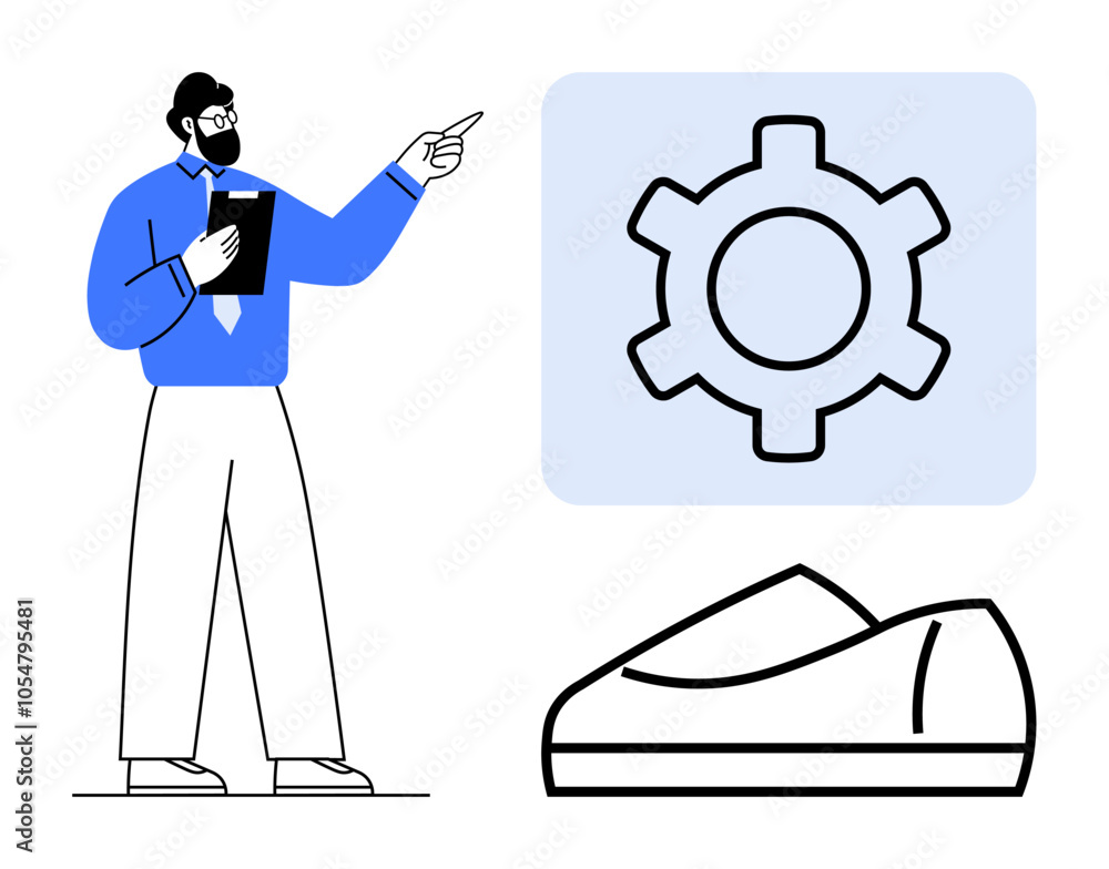 Businessman with clipboard pointing at gear and shoe prototype icons. Ideal for presentations, innovation, manufacturing, product development, business strategy, training, and instructional Businessman with clipboard pointing at gear and shoe prototype icons. Ideal for presentations, innovation, manufacturing, product development, business strategy, training, and instructional