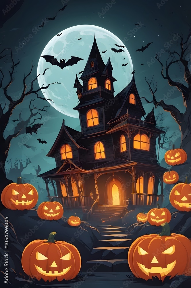 Scary halloween background with pumpkin and bats Scary halloween background with pumpkin and bats