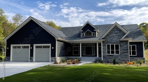 Stunning Stone Facade House with Attached Double Garage and WellManicured Front Lawn in Picturesque Surrounding : Generative AI photo