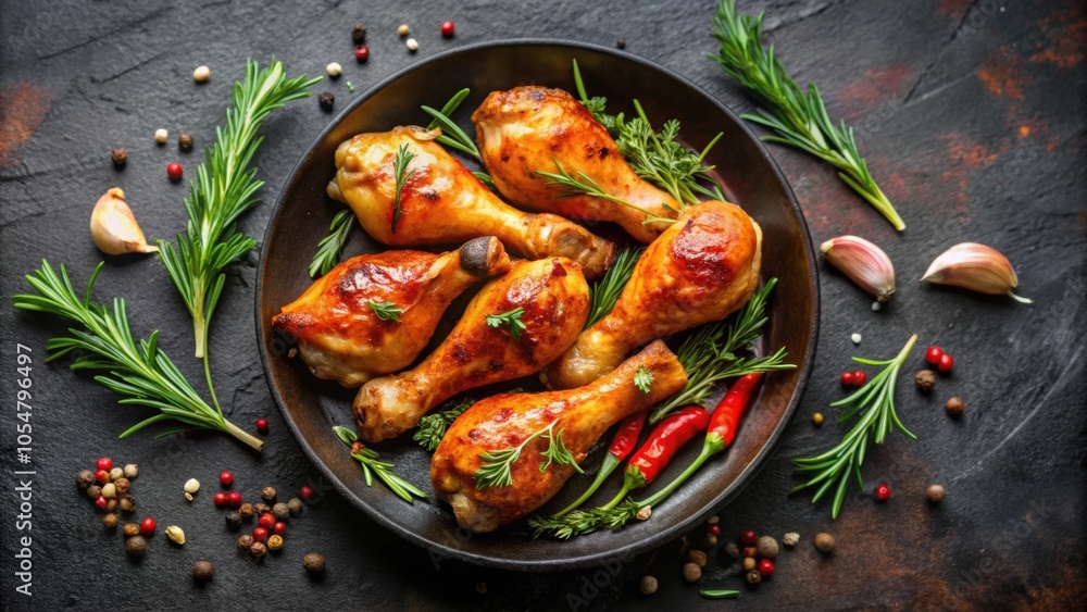 Grilled spicy chicken legs baked with garlic, rosemary and thyme on dark background , Grilled, Spicy, Chicken, Legs, Baked Grilled spicy chicken legs baked with garlic, rosemary and thyme on dark background , Grilled, Spicy, Chicken, Legs, Baked