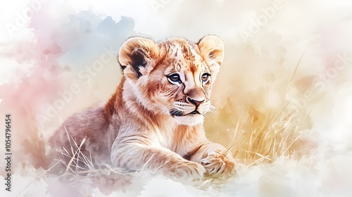 Soft watercolor baby lion resting in a pastel-colored savannah