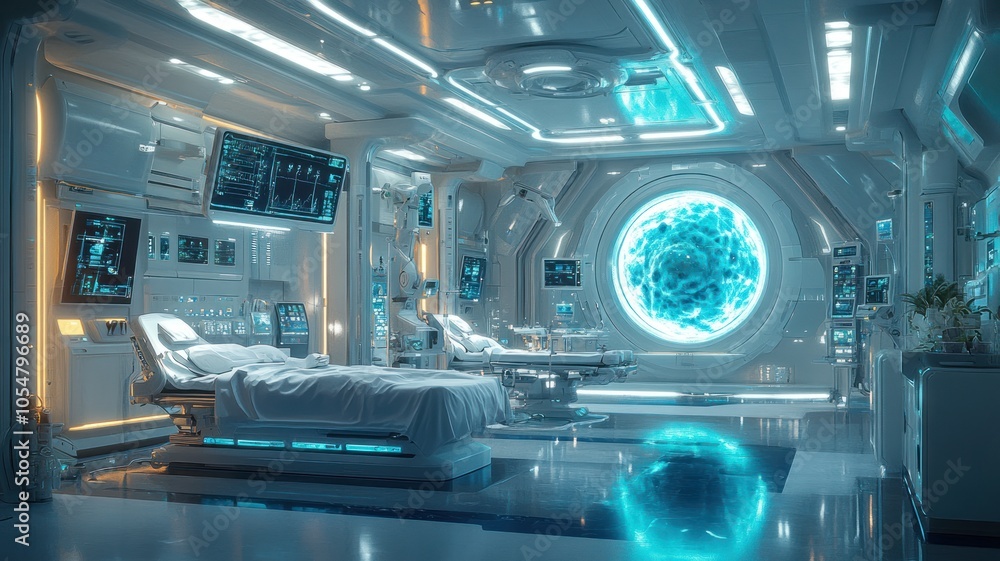 Futuristic medical facility with advanced technology and a portal. Futuristic medical facility with advanced technology and a portal.