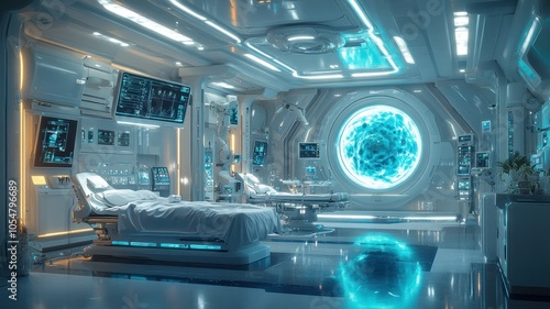 Futuristic medical facility with advanced technology and a portal.