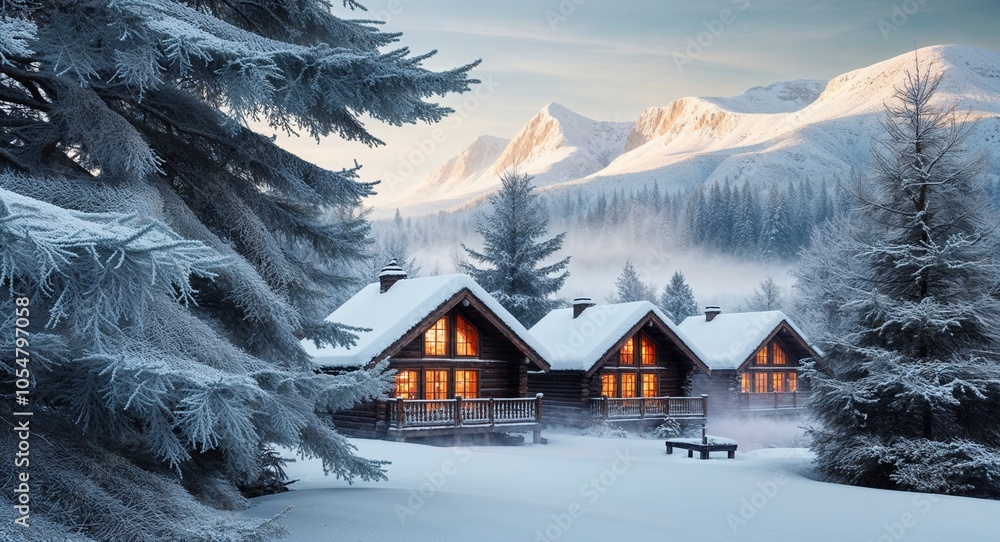 Fototapeta premium Snow-covered trees, cozy cabins, frosty mountains, festive winter atmosphere