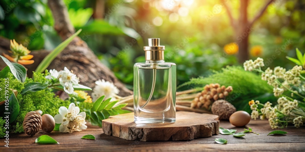Glass perfume bottle mockup on natural botanical background with flowers, plants, and wooden elements , perfume, bottle Glass perfume bottle mockup on natural botanical background with flowers, plants, and wooden elements , perfume, bottle