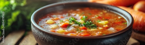 Pumpkin and carrot soup with herbs on rustic wooden table