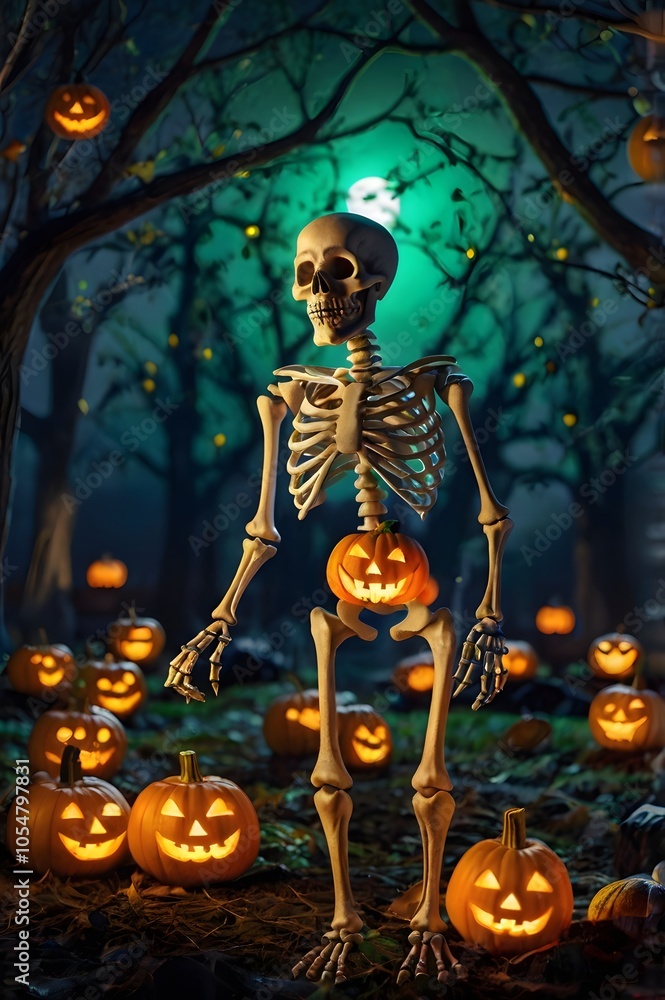A scary halloween skeleton with pumpkins A scary halloween skeleton with pumpkins