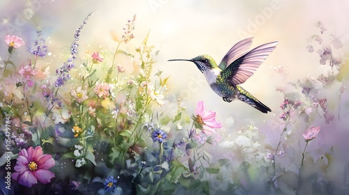 Fototapeta Naklejka Na Ścianę i Meble -  Watercolor hummingbird in a soft pastel garden of flowers and gentle light