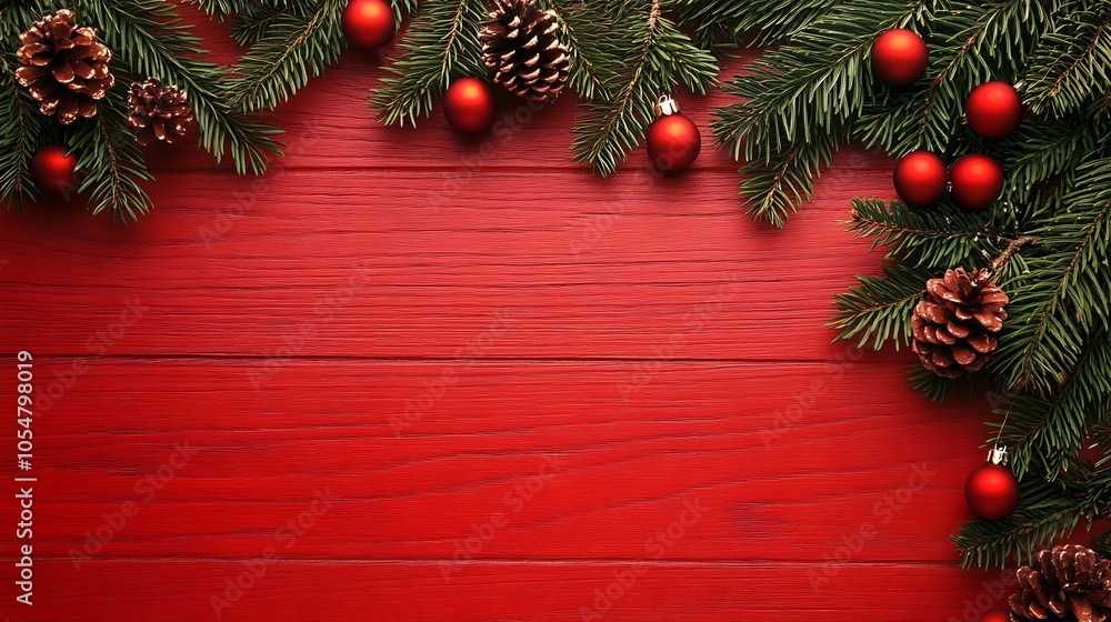 Vibrant Red Holiday Background with Pine Cones and Fir Branches for Seasonal Festivities : Generative AI Vibrant Red Holiday Background with Pine Cones and Fir Branches for Seasonal Festivities : Generative AI