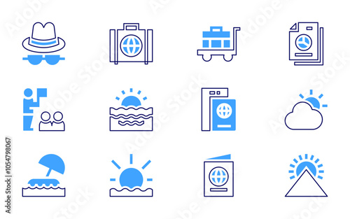 Travel icon set. Bold line style. Duotone colors. Editable stroke. travel, luggage, pyramid, sun, igloo, kayak, passport, online booking, sand castle