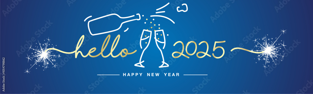 Hello 2025 Happy New Year gold handwritten line design typography shapes 2025 with white sparkle firework and champagne glasses on blue background banner Hello 2025 Happy New Year gold handwritten line design typography shapes 2025 with white sparkle firework and champagne glasses on blue background banner