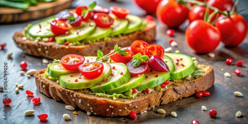 Close-up of avocado toast with cherry tomatoes, radishes Close-up of avocado toast with cherry tomatoes, radishes