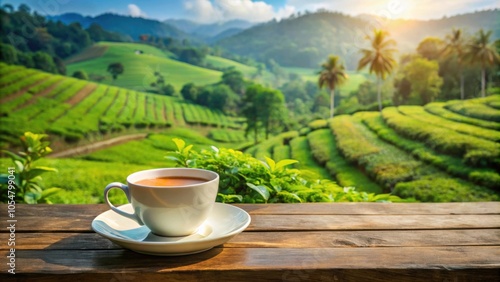 Cup of coffee against a lush plantation backdrop, coffee, plantation, morning, drink, beverage, relax, aroma, farm