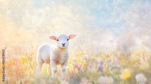 Fototapeta Naklejka Na Ścianę i Meble -  Watercolor baby lamb in a field of pastel flowers under a soft watercolor sky