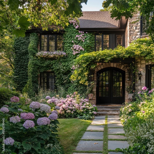 Garden with climbing hydrangeas