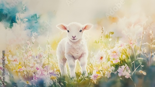 Watercolor baby lamb in a field of pastel flowers under a soft watercolor sky