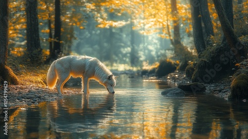 A tranquil forest clearing white wolf drinking from the water under the soft dappled sunlight photo