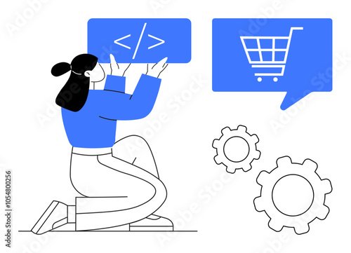 Woman kneeling and holding a code snippet symbol, chat bubble with shopping cart, two gear icons. Ideal for web development, e-commerce, technology, coding, online shopping, collaboration, business