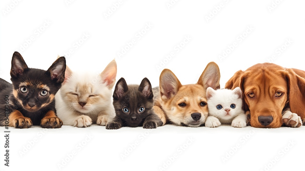 Adorable Lineup of Diverse Puppies and Kittens Isolated on White : Generative AI Adorable Lineup of Diverse Puppies and Kittens Isolated on White : Generative AI