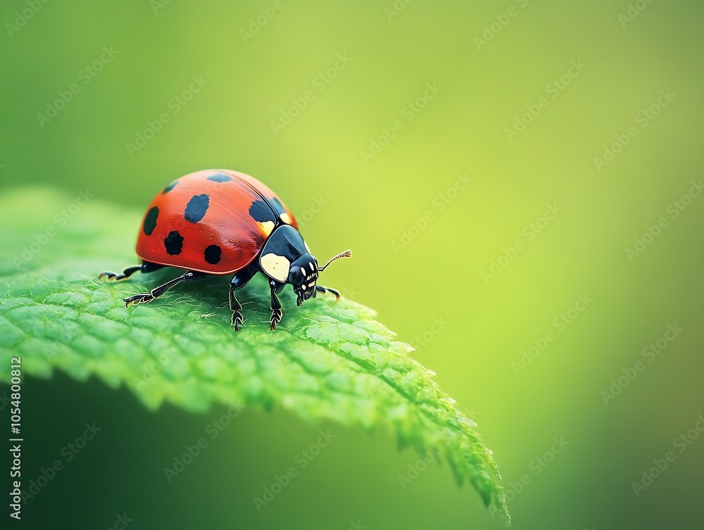 Fototapeta premium Bright red ladybug crawling on fresh green leaf in summer : Generative AI