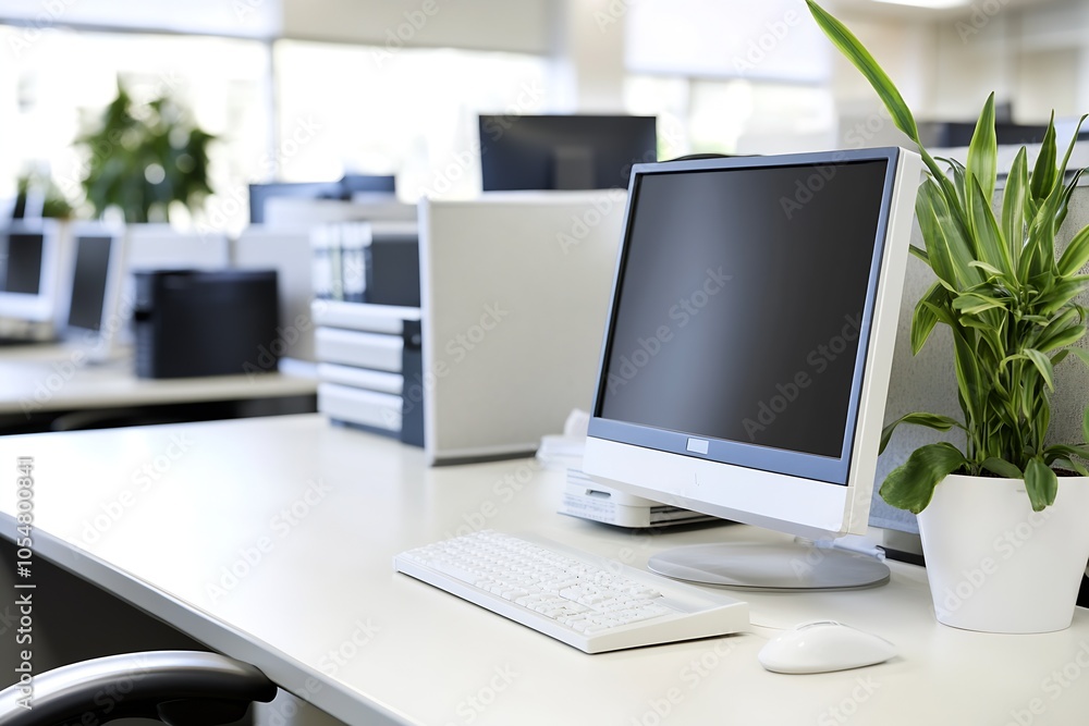 Sleek Contemporary Office Space with Green Plants and Clean Workstations : Generative AI Sleek Contemporary Office Space with Green Plants and Clean Workstations : Generative AI