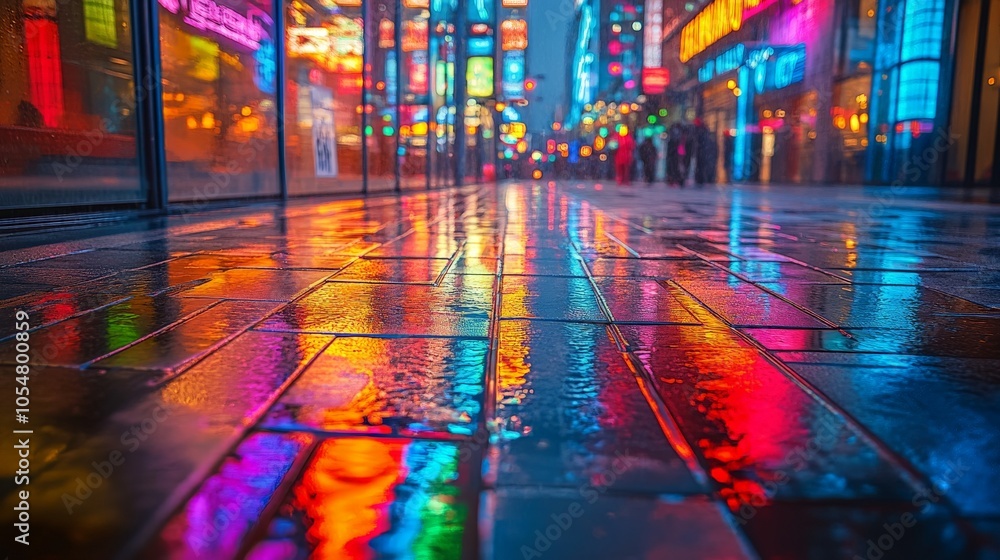 Obraz premium A vibrant city where all the buildings and streets are made of glowing neon signs, casting colorful reflections on the wet pavement